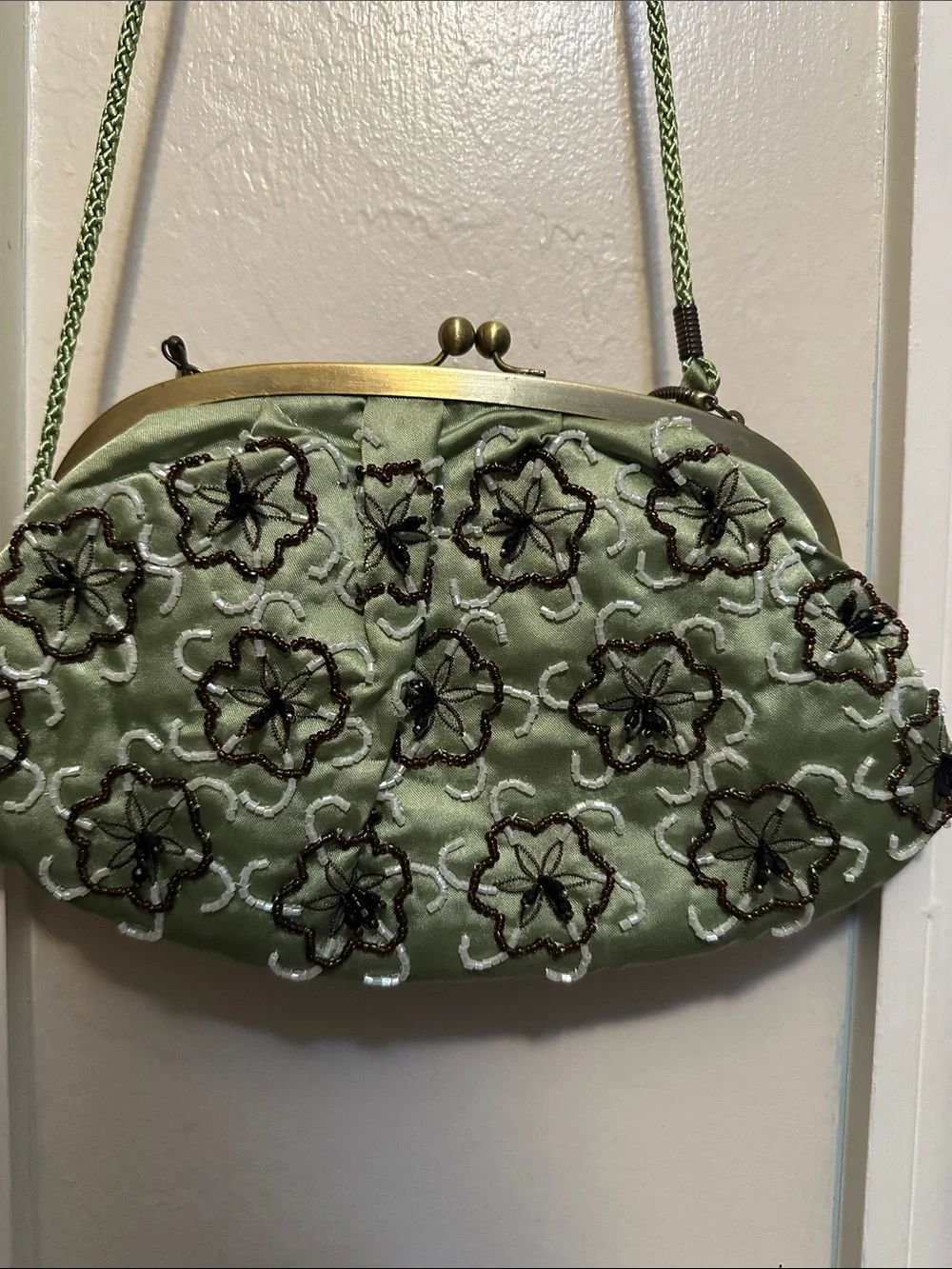 Beaded Floral Embroidered Satin Clutch Shoulder Bag - Sage Green
